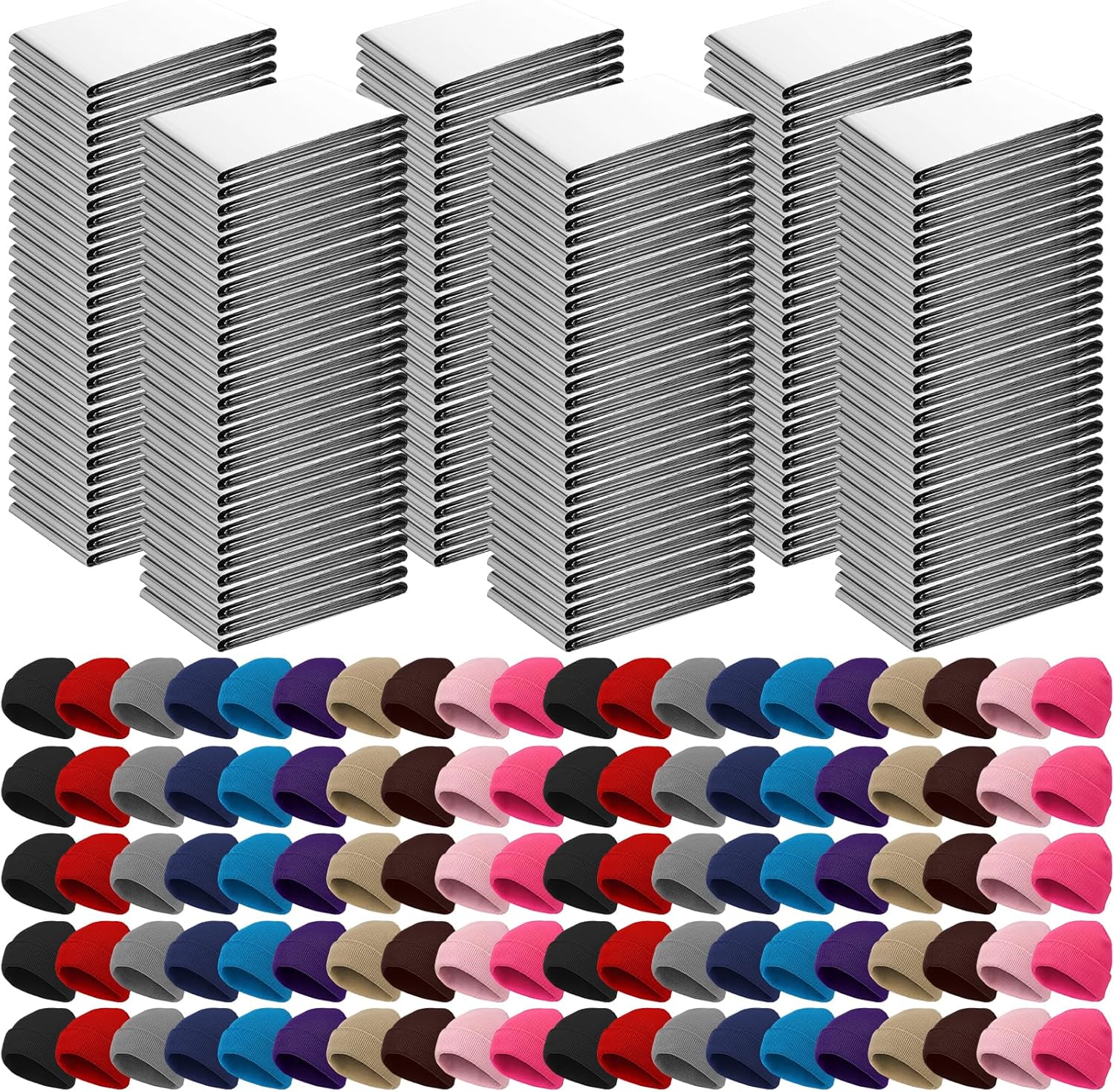 120 Pcs Emergency Blanket Beanie Hat Bulk Homeless Package Care Supplies Survival Kit for Cold Weather Outdoor Camping Hiking (Neutral)