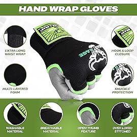 BEAST RAGE Inner Gloves with Hand Wraps Quick Wrap Long 36 Wrist Support MMA Muay Thai Bandages Punching Martial Arts Training Men Women Kickboxing Bandages Under Bag Gloves (Green, Kids Junior)