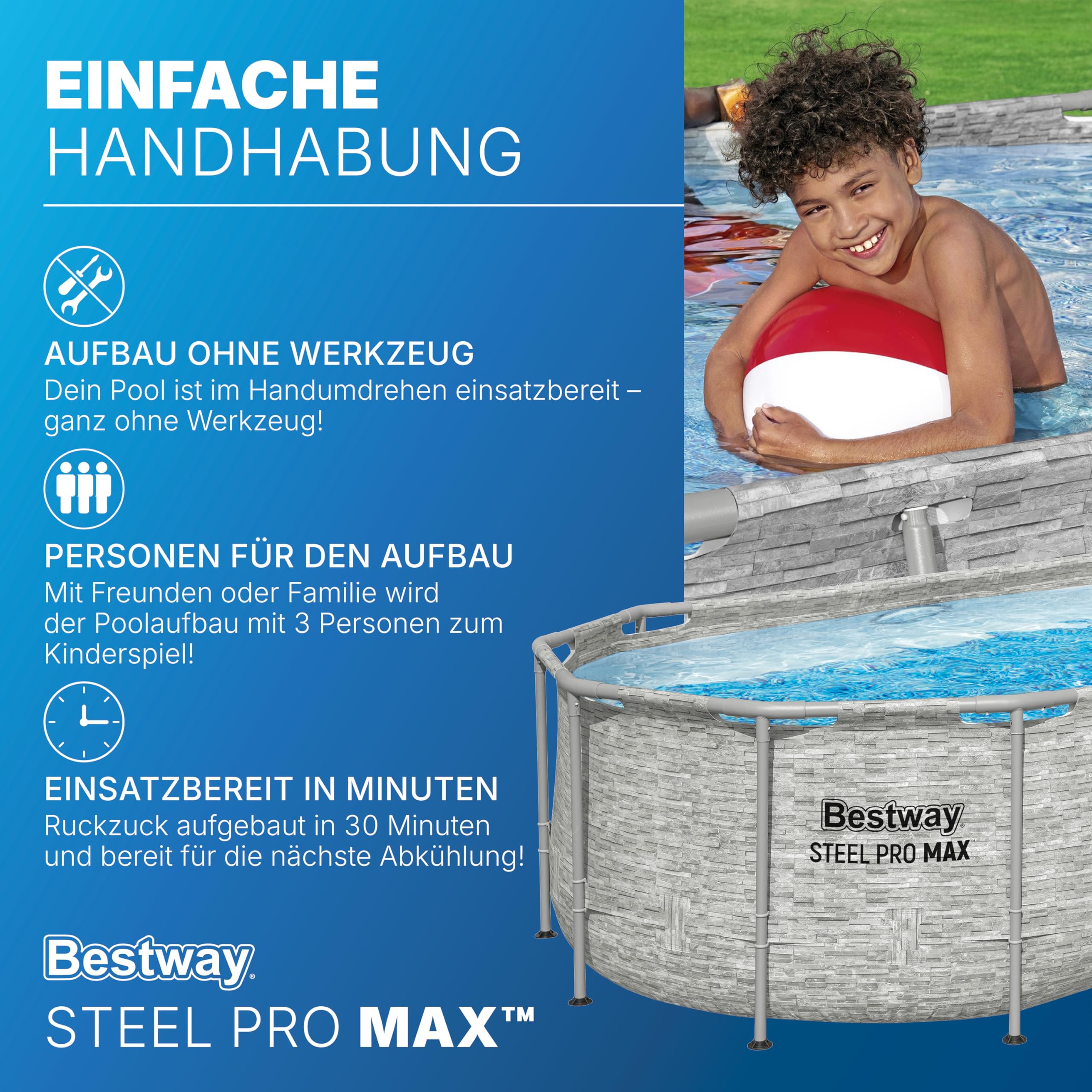 Bestway Power Steel Swim Vista Series Frame Pool Komplett-Set mit Filterpumpe 427 x 250 x 100 cm, Steinwand-Optik (Cremegrau), oval