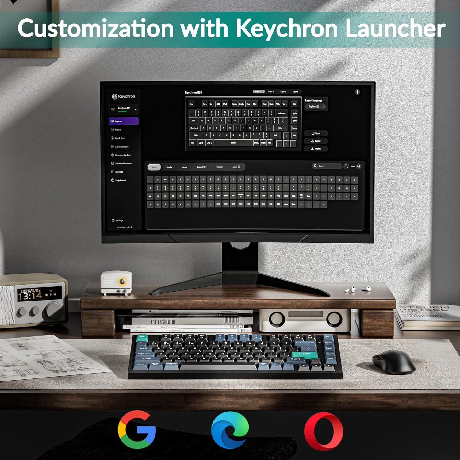 Keychron B31 Wireless Silent Keyboard, 75% Layout Quiet Typing Custom Programmable, 2.4 GHz/Bluetooth/Wired Ergonomic Support Compatible for Mac Windows Linux - Deep Black