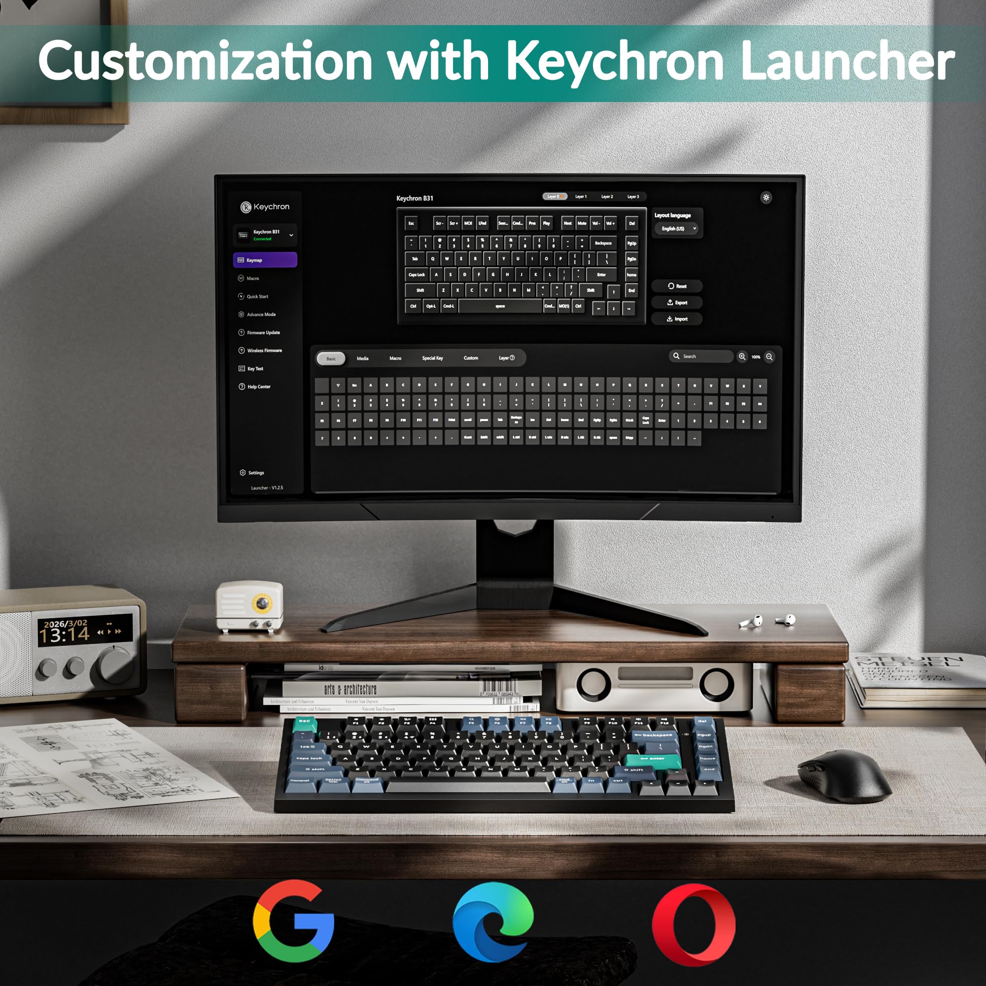 Keychron B31 Wireless Silent Keyboard, 75% Layout Quiet Typing Custom Programmable, 2.4 GHz/Bluetooth/Wired Ergonomic Support Compatible for Mac Windows Linux - Deep Black — view 4