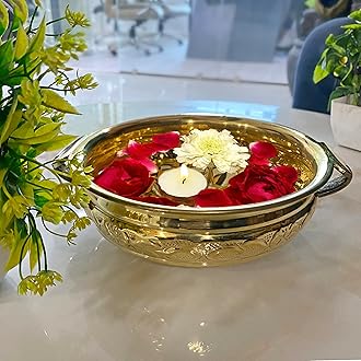 SATVIK Decorative 8 Inch Brass Urli Embossed For Floating Candles and Flowers Designer Bowl For Living Room Decoration
