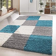 HomebyHome Tapis Salon Moderne Tapis Chambre Turquoise 80x150 cm - Tapis Shaggy Salle de Séjour à Poils Longs Carreaux Concevoir Doux et Moelleux - Tapis Cuisine Enfant Moquette Coureur
