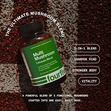 fourfive Multi Mushroom Supplement (10000mg) Ultimate Blend with Reishi, Lion's Mane, Chaga, Maitake & Shiitake, Optimum Daily Dose - 60 Capsules