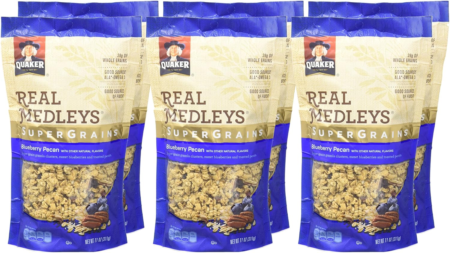 Quaker Real Medleys Super Grains Granola, Blueberry Pecan, 6 Count