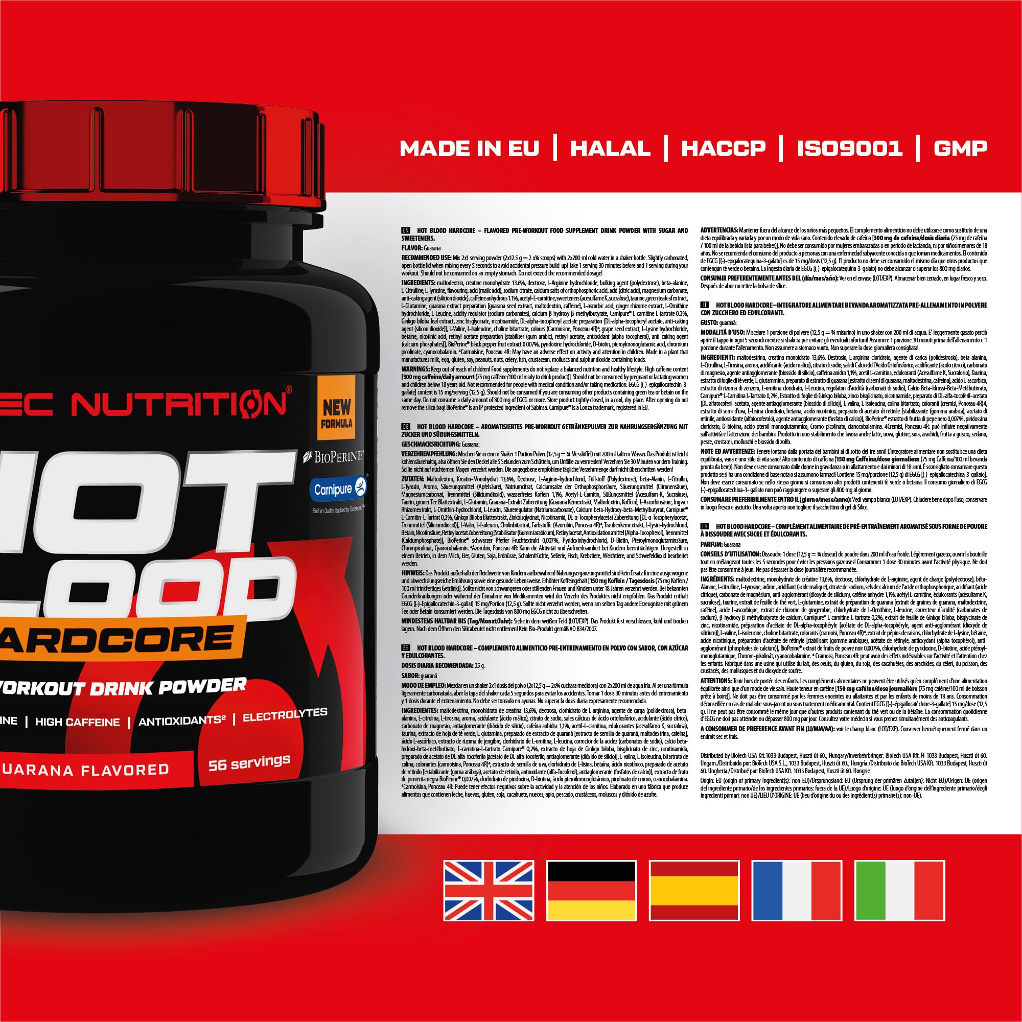 Scitec Nutrition Hot Blood Hardcore, Bevanda pre-allenamento in polvere con aminoacidi e creatina, 700 g, Guaranà
