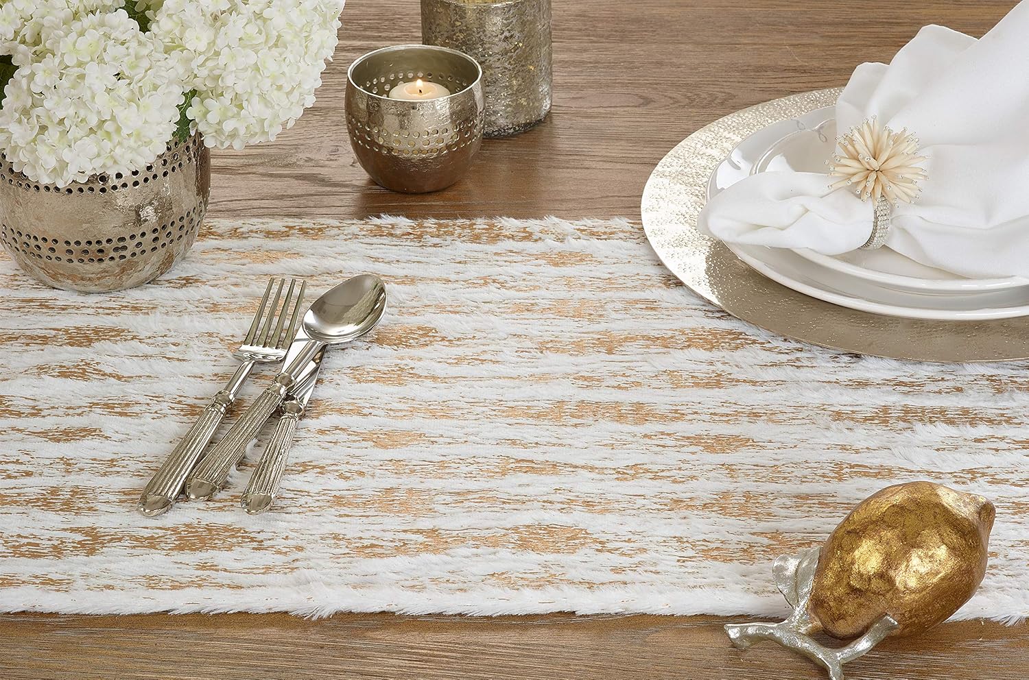 Saro Lifestyle Faux Fur with Brushed Metallic Foil Print Runner, 16"x72", Gold
