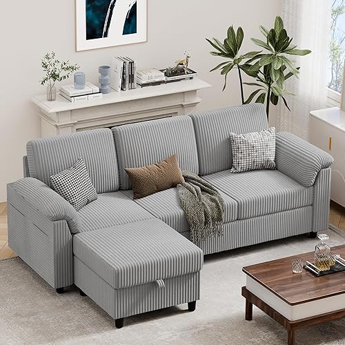 Vongrasig Sofá modular convertible de 79 pulgadas con otomana de almacenamiento, sofá en forma de L de 3 asientos con bolsillo lateral de