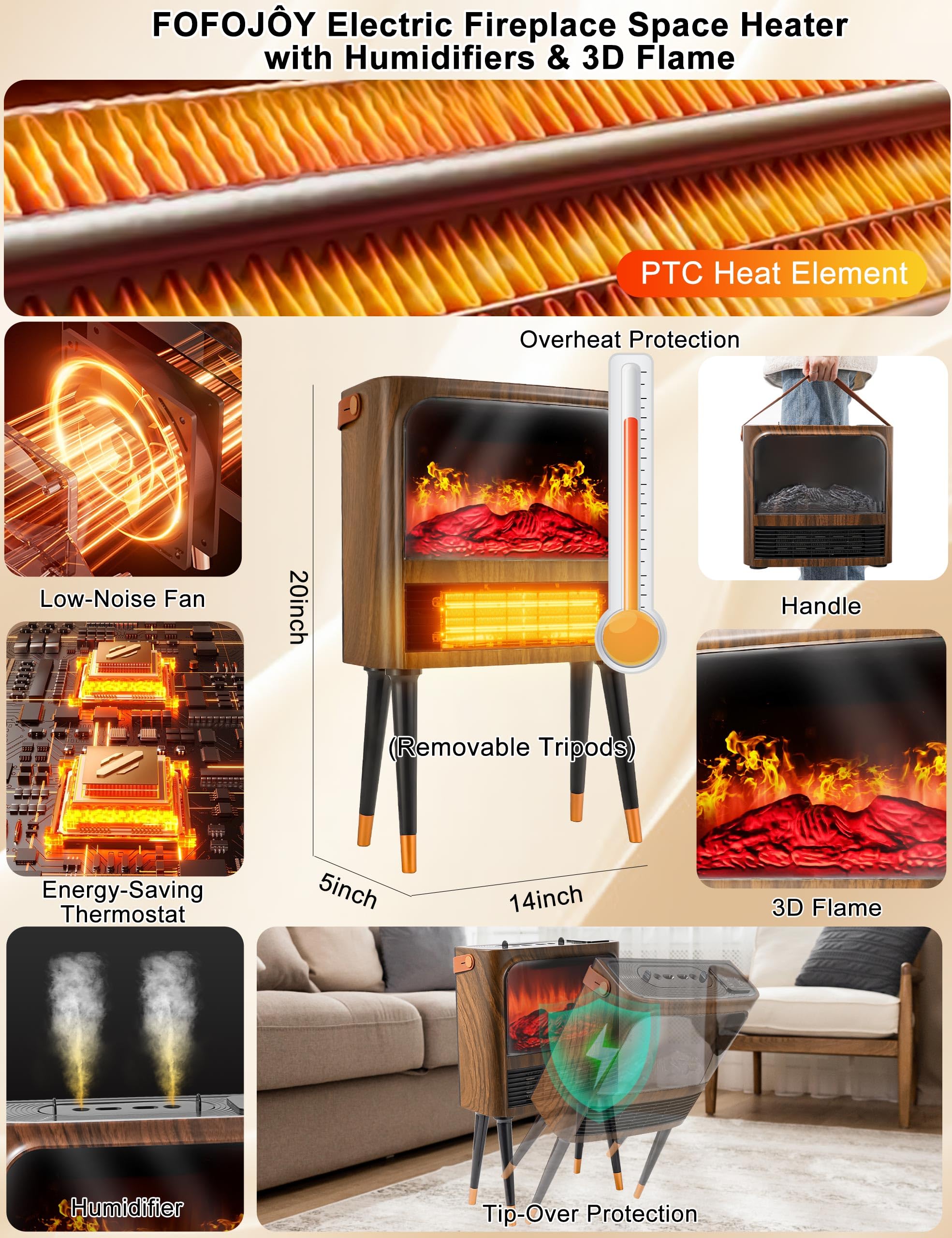 Calentador de chimenea eléctrico con llama realista 3D, humidificador, termostato, protección de seguridad, control remoto, temporizador, calentador de espacio eléctrico, calentador de chimenea 2