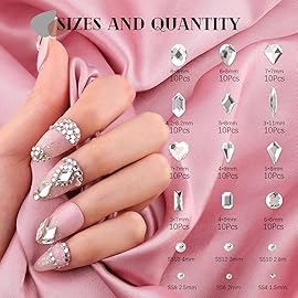 Silver Clear Nail Rhinestones 2680Pcs - Multi Shapes Glass Flatback Gems + 2560Pcs 1.5-4mm Round Crystal with Rhinestones Glue Gel, Manicure Nail Charms Diamond Gemstones
