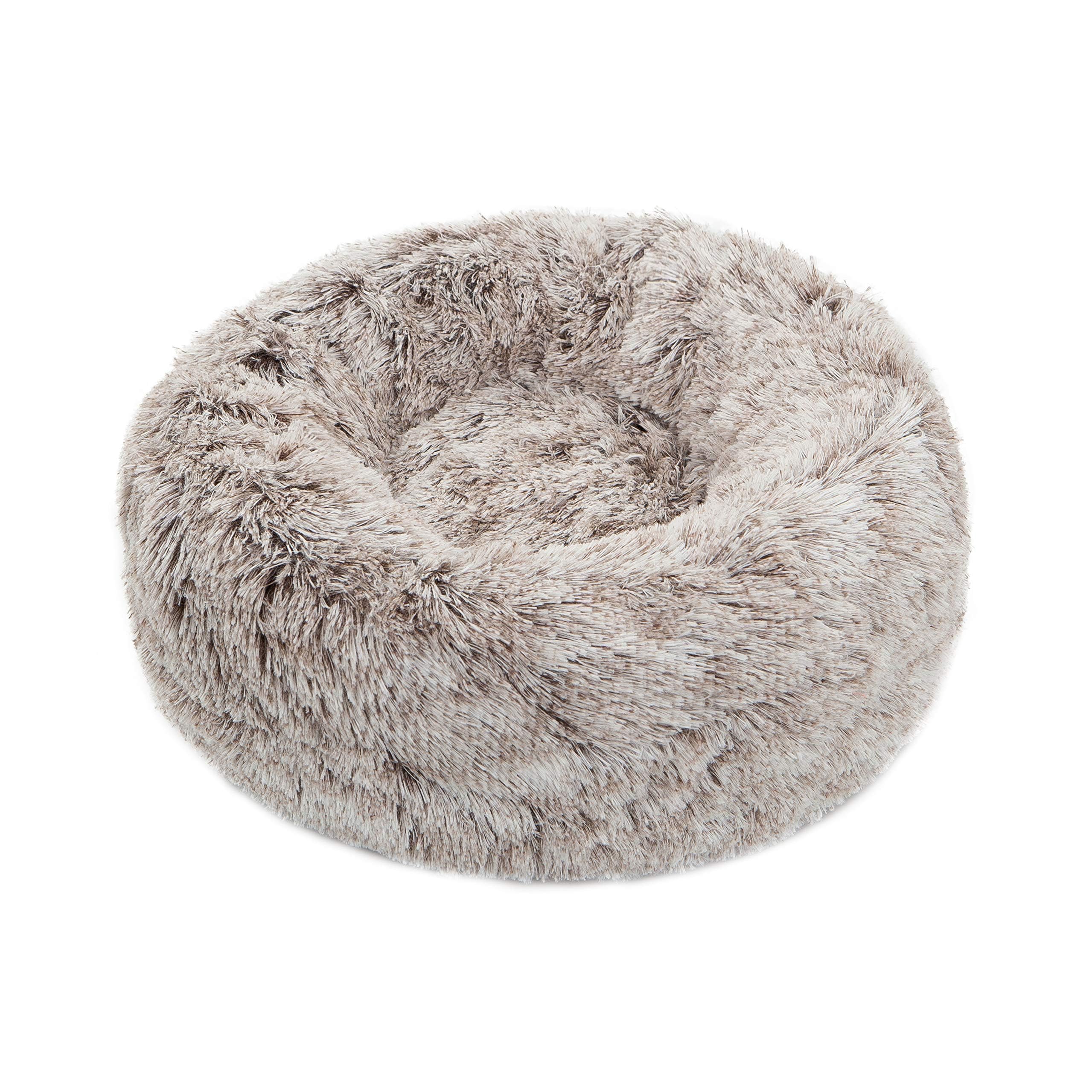 DreamQuil Dog Bed for Large Dogs, Calming Donut Washable Bed Two Tone Shaggy Fluffy fur Round Cuddler Dog Anxiety Relief Pet Cushion Beds, 70cm Diameter, Brown