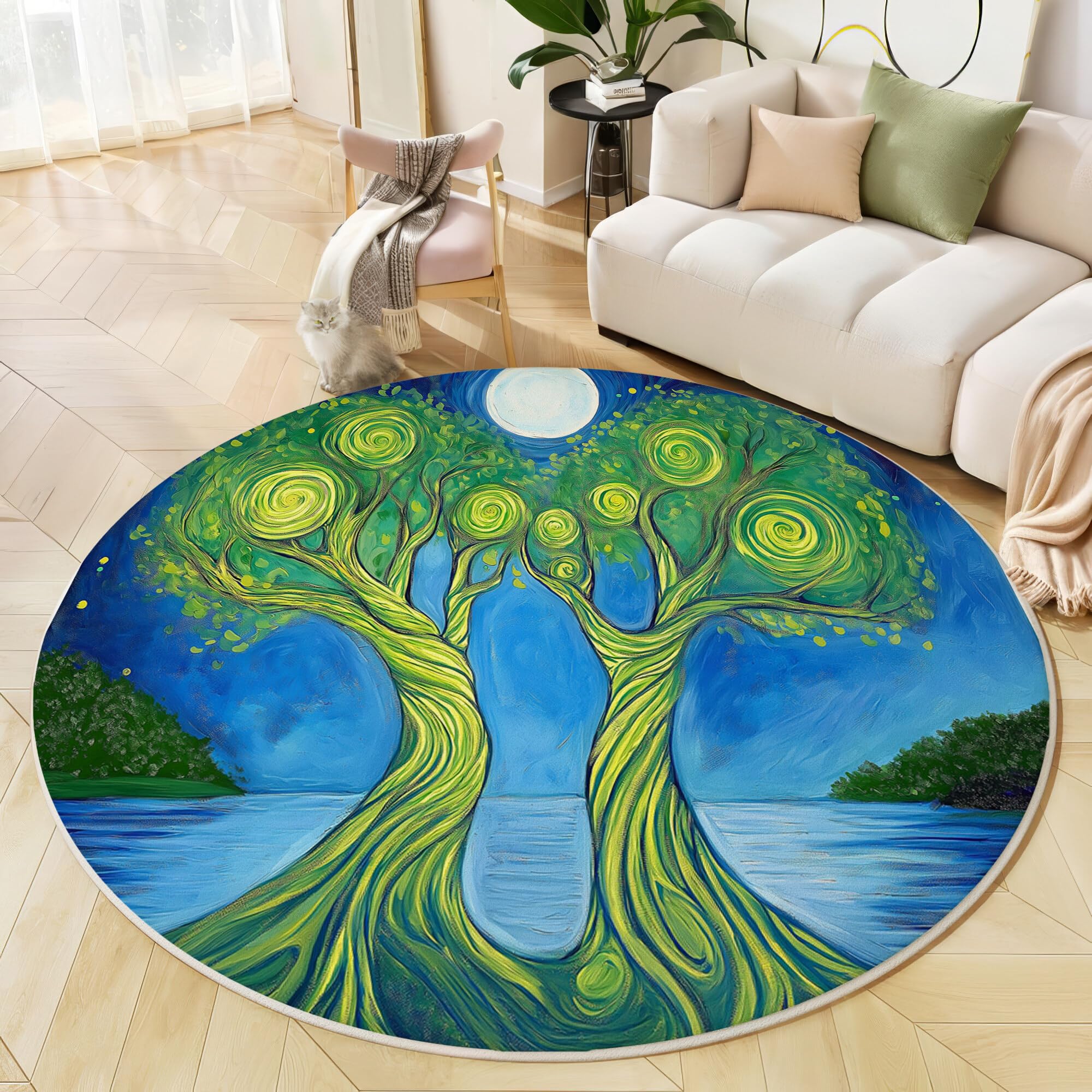 Tapis Ronds Vert Arbre De Lune Tourbillonnant 120Cm Rugs Lavable Antidérapant À Poils Courts Doux Plantes De Jardin pour Chambres Cuisine Balcon Terrasse Ntérieur Salles À Manger