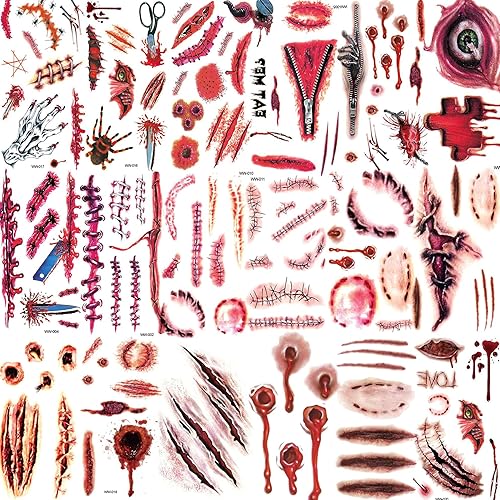 Miniatura 2 de Billzar - Juego de 138 piezas de tatuajes de cicatrices falsas de Halloween para hombres, adultos, mujeres y niños, kit de maquillaje de zombi, 18