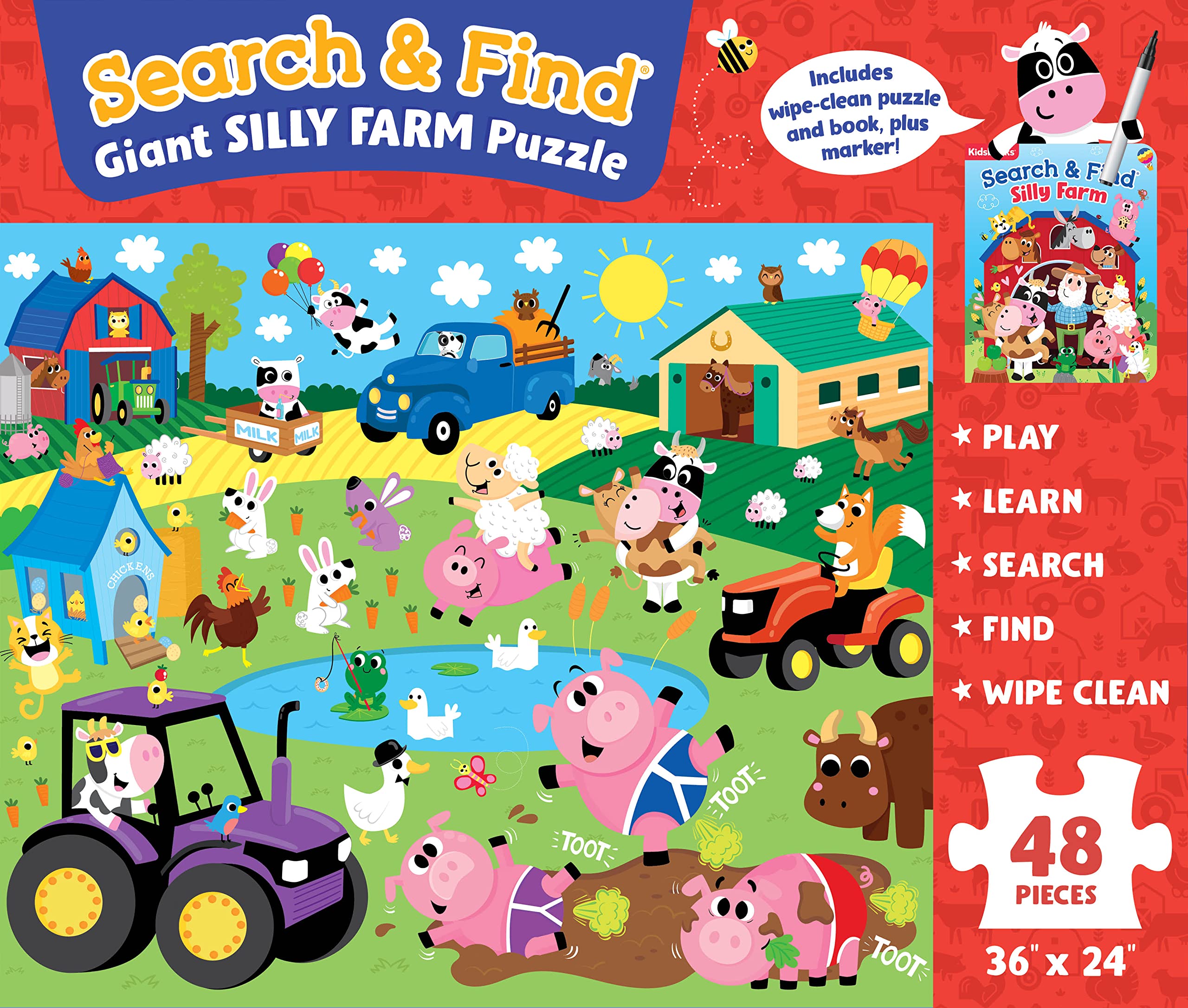 Search & Find Giant Silly Farm Puzzle and Book Set-Includes Wipe-Clean Puzzle, Book and Marker!