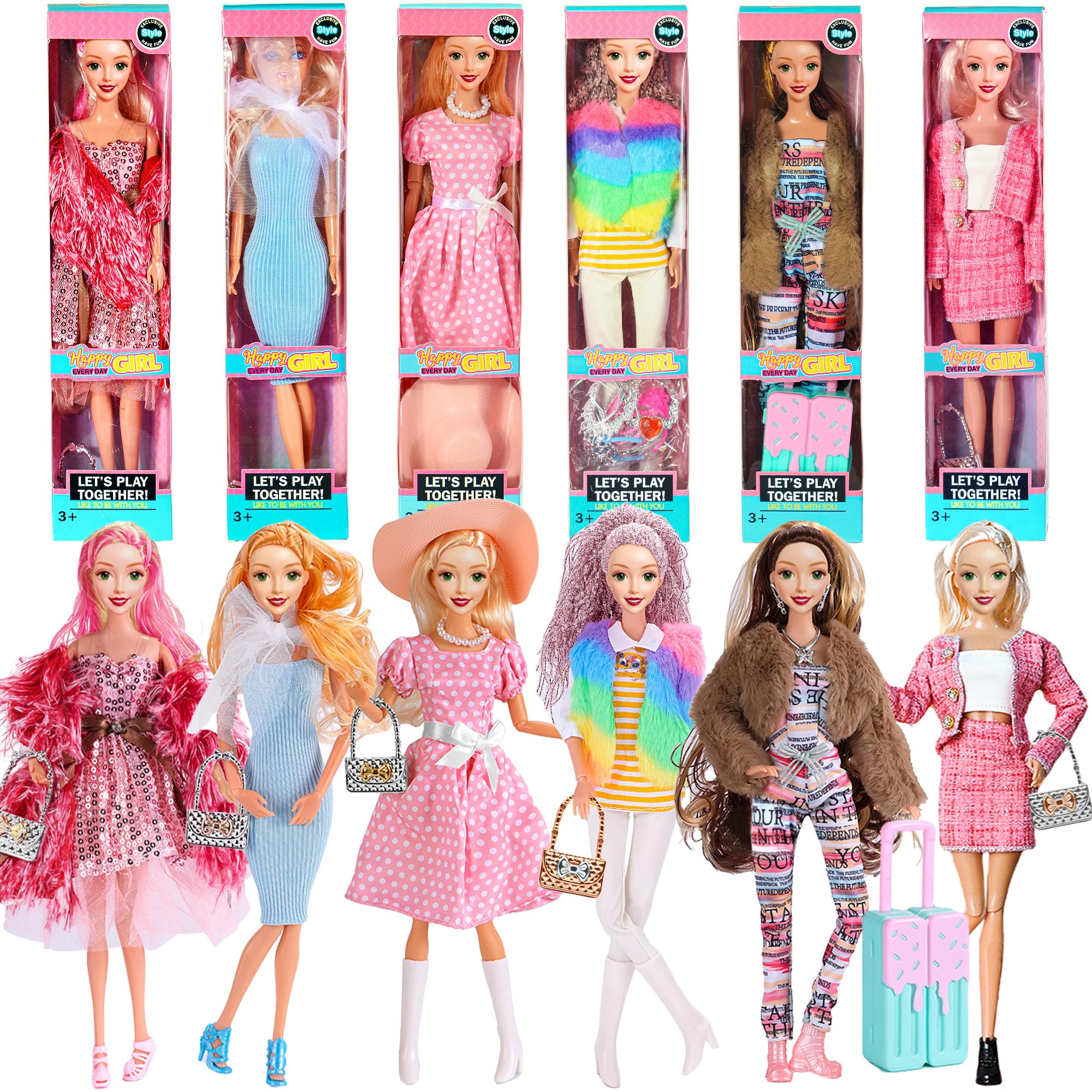 6 Pack Fashion 11.5 inch American Toy Prinecess Dolls Playset with Outfits Dress Design and Accessories Like Handbag Hat Crown Necklace Suitcase (Gift Box Package)