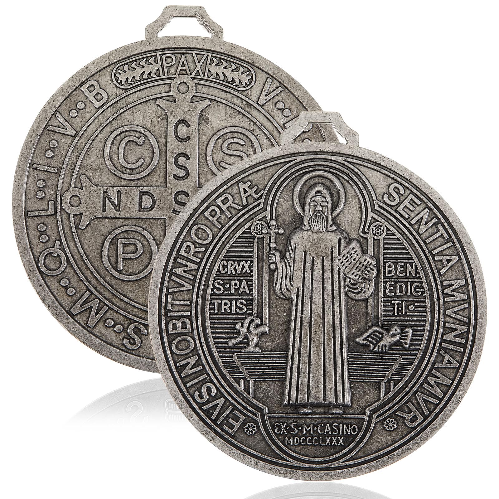 Landical 2 Pcs 5 Inch Silver St Benedict Medals Extra Large Metal Saint Pendant Christmas Vintage Tone Finish Saint Benedict Protection for Door Wall or Desk Display Art Decor Gifts