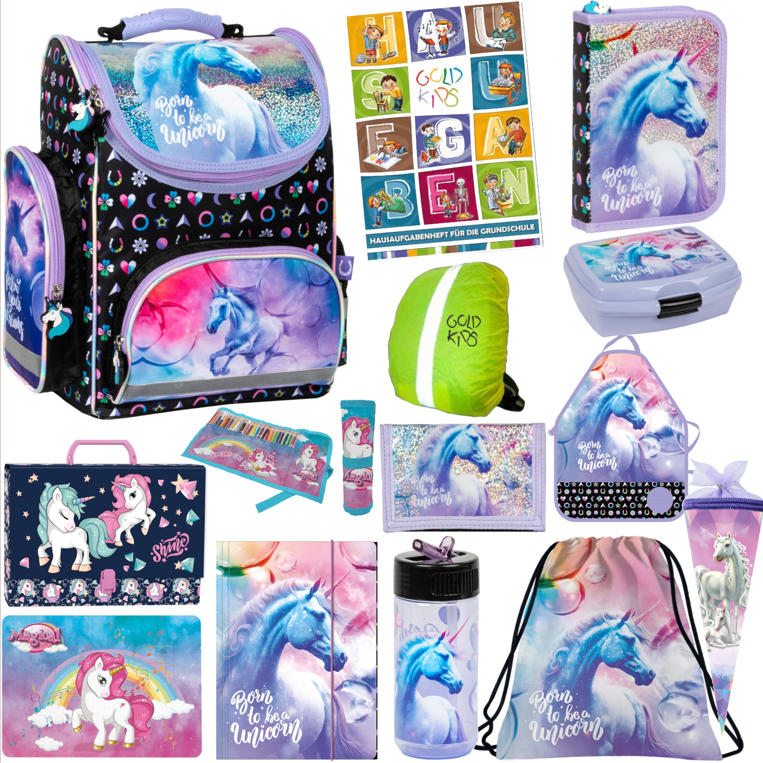 Goldkids - Mochila escolar para niños y niñas, juego de 14 - Mochila escolar para niños con estuche - Bolsa de zapatos para colorear carpeta y cuaderno de tareas - Diseño de unicornio - 1-3 Clase, 14