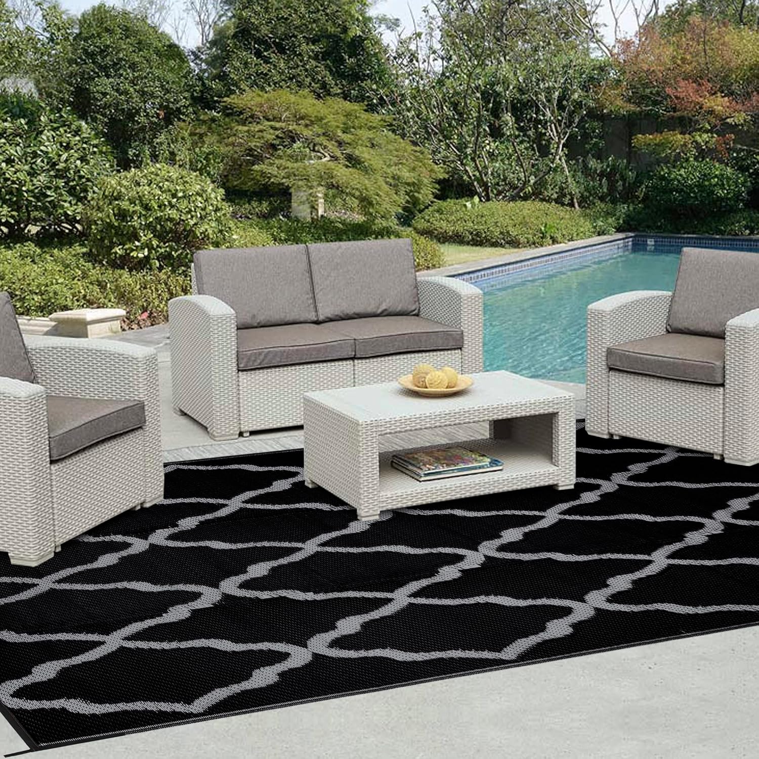 easy-going reversible outdoor rugs (4x6ft) — waterproof plastic straw rug stain & uv resistant floor mat for patio porch rv backyard pool deck picnic beach trailer camping (moroccan black & light grey, 6' x 4', rectangular)