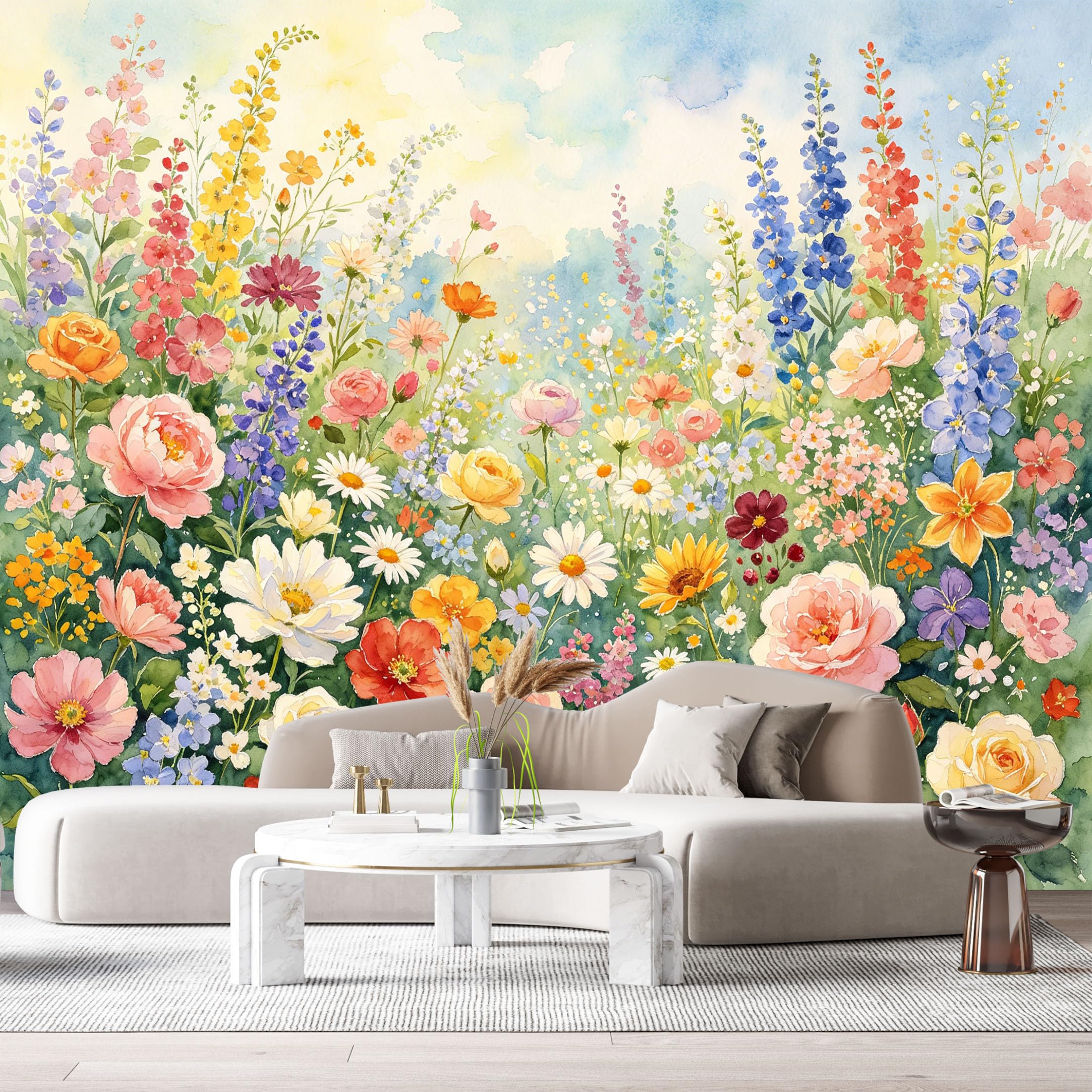 Custom Size Wall Murals Botanical Wildflowers Watercolor Painting Colorful Floral Meadow Bloom SelfAdhesive Wall Fabric Removable Large Wallpaper for Photo Living Room