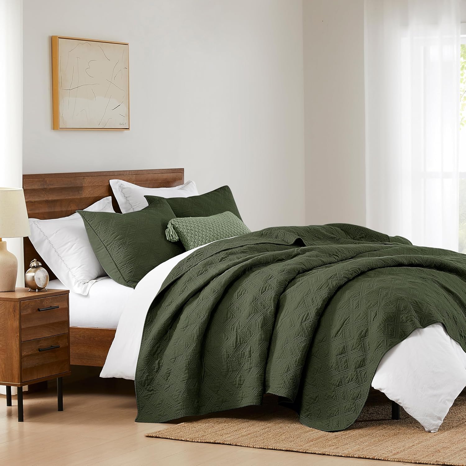 WDCOZY 100% Cotton Oversized King Quilt Set - Olive Green California Cal King Size Soft Lightweight Modern Bedspread, Farmhouse Country Rustic Coverlet, Textured Like Linen, Shabby Chic Bedding - Image 7