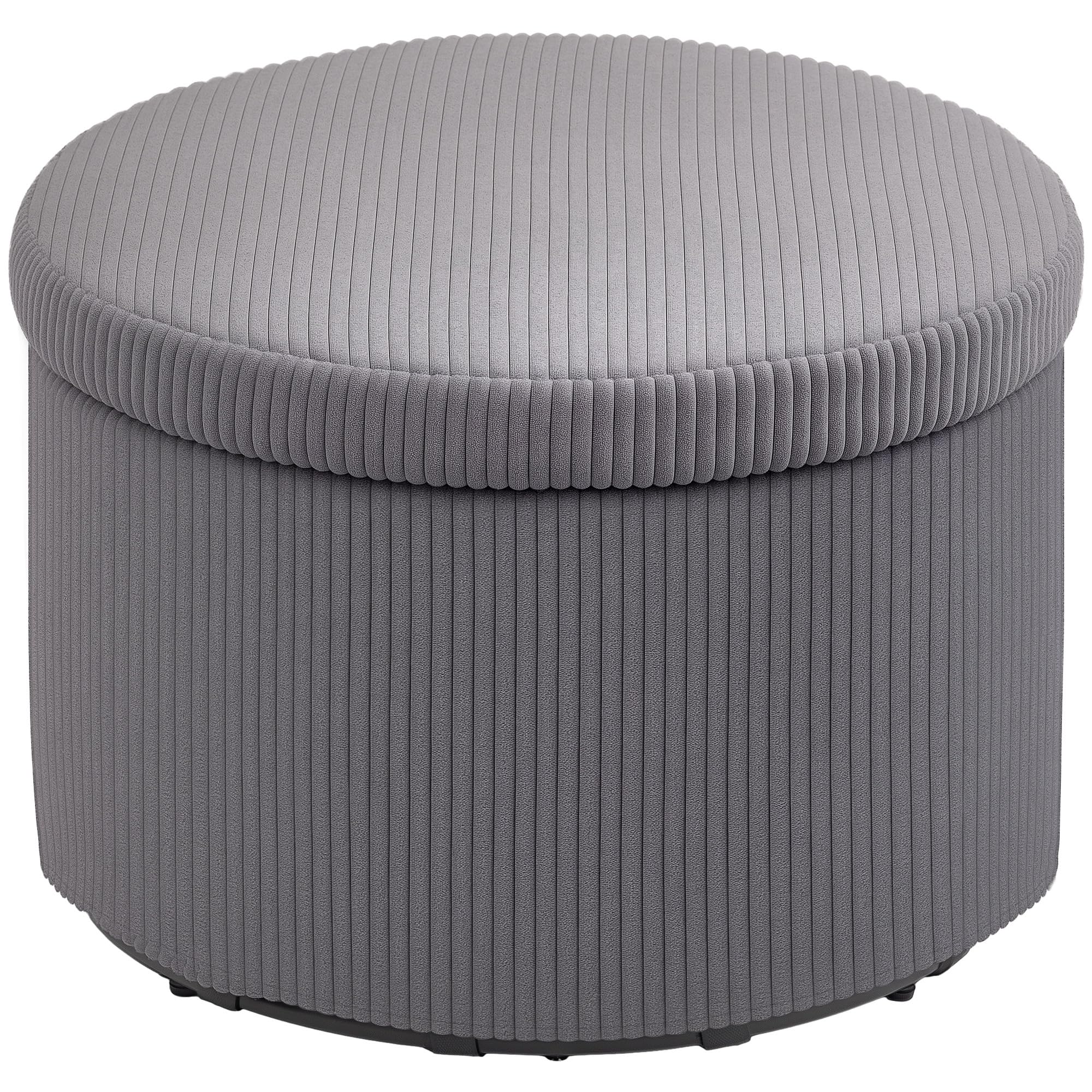 HOMCOM Storage Ottoman with Lid, 24 Inches Round Pouf Ottoman with Storage, Upholstered Corduroy Foot Rest Stool for Living Room, Bedroom, Gray
