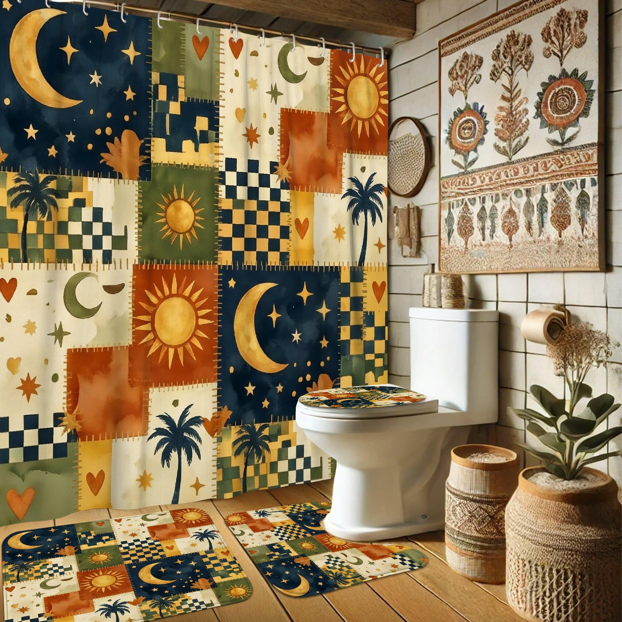 Rideau de douche lune et étoiles bleu marine en toile bohème 183x183 cm avec crochets