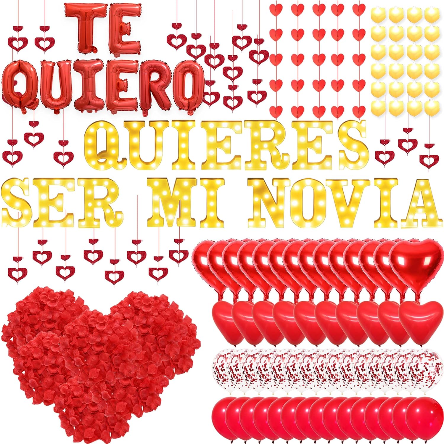 Quieres Ser Mi Novia Light Up Letters Proposal Decorations, 17Pcs 6.3" Letter Signs, 24Pcs Flameless Candles 2000Pcs Red Artificial Rose Petals 45Pcs Latex Balloons 10Pcs Heart Balloon Valentine's Day