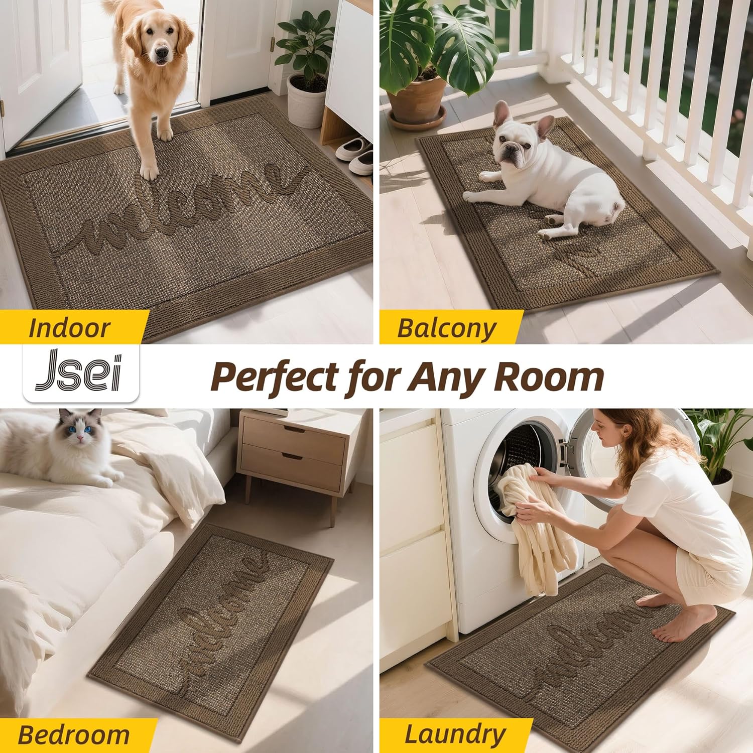 JSEI Door Mat 24"x 36",Absorbent Dirt Welcome Mat,Non-Slip Entryway Rugs Washable Indoor Entrance Mats,Low Profile Floor Mat for Entryway and Front Back Door,Brown