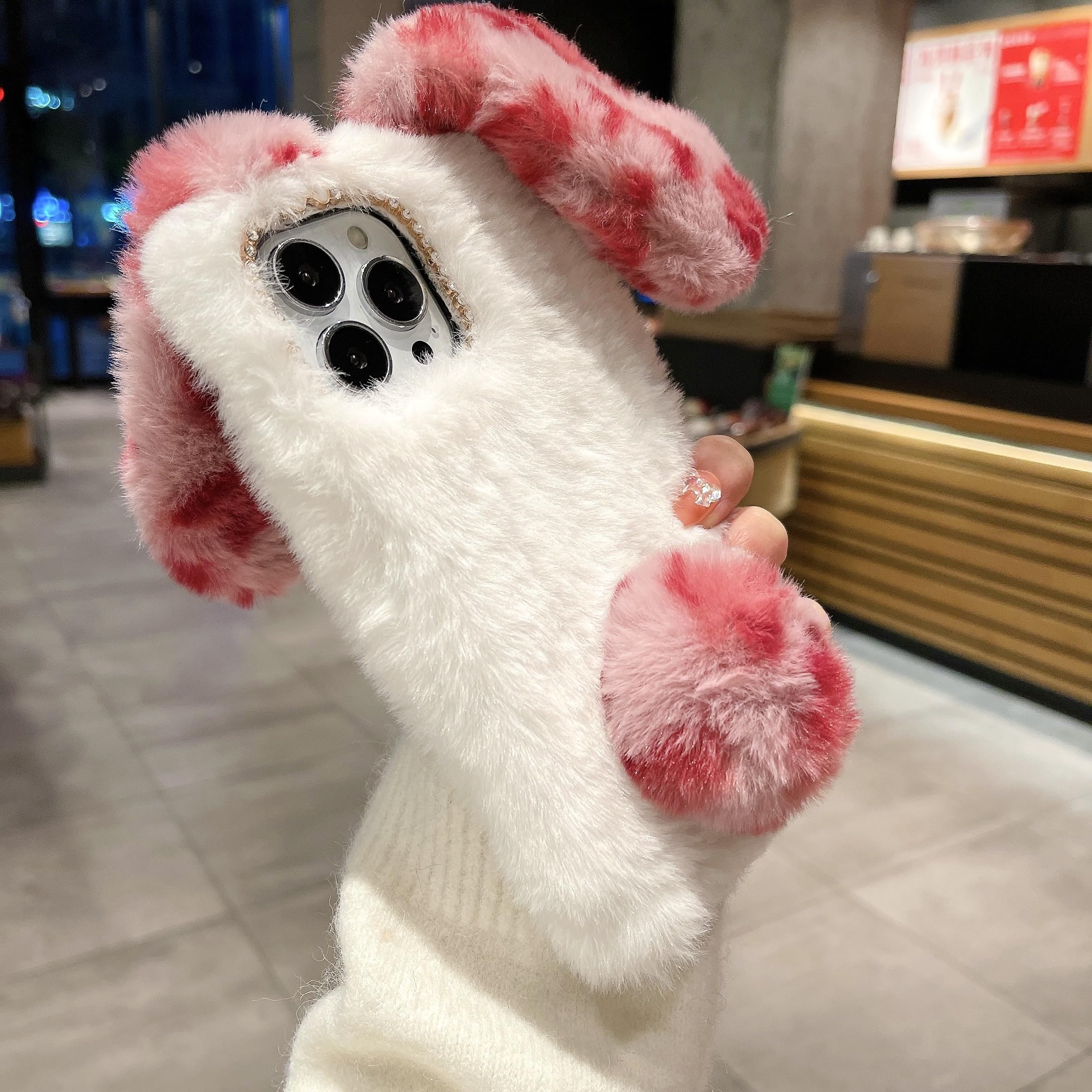 Plush Case for iPhone 12 Mini Fur Cover, Bunny Furry Fluffy Fuzzy Rabbit Ears Case for Girls Woman Cute Winter Warm Hair Soft TPU Inner Protective Cover - Leopard Red