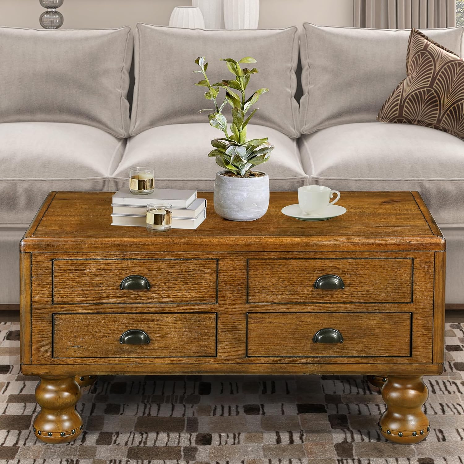 Amazon.com: Amposei Vintage Classic Wood Coffee Table 40-Inch Cocktail Table Living Room Center ...