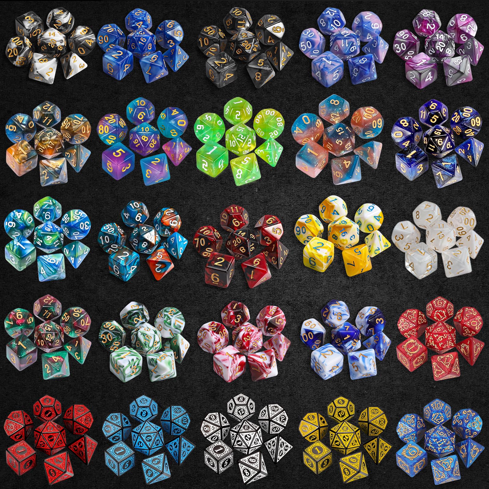 Lot De 7 Dés Polyédriques Multicolores à Pois - Pour D&D Et Jeux De Rôle - D20, D12, D10, D8, D6, D4 - Avec Pochette