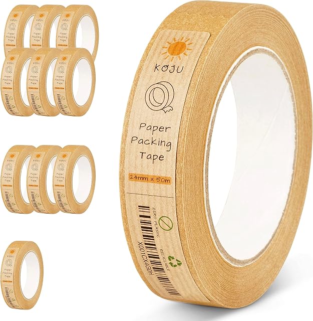 Koju Kraft Paper Packing Tape 24mm x 50m | 1/3/6 packs | Eco Friendly & Recyclable Brown Paper Tape for Packaging Parcels | Strong, Heavy Duty Paper Parcel Tape (1)