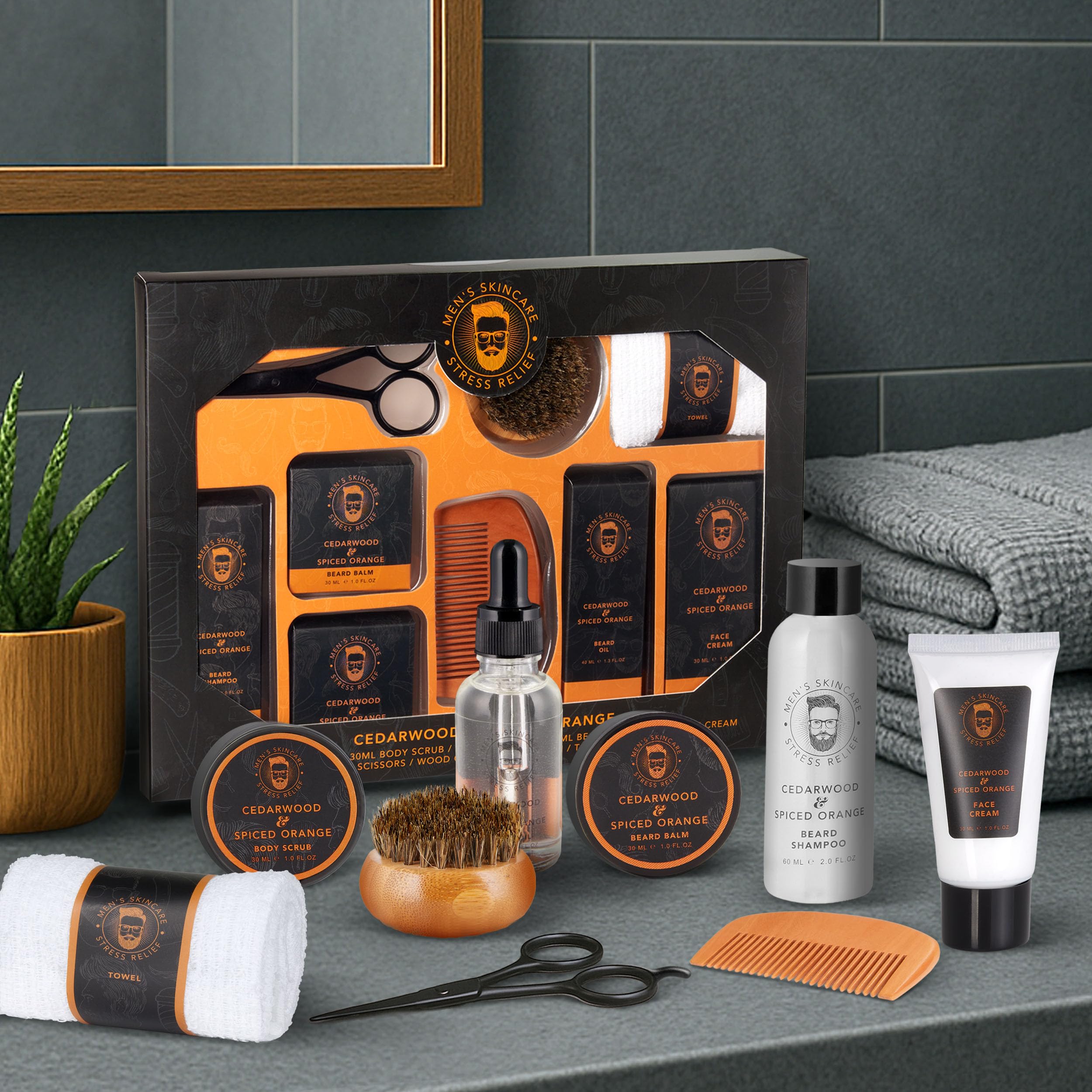 BRUBAKER Kit de 9 Piezas para el Cuidado de la Barba y la Cara con Champú, Aceite, Bálsamo, Cepillo, Crema para la Cara, Pelar, Peine, Tijeras, Guante para Lavar - Regalos para Hombres