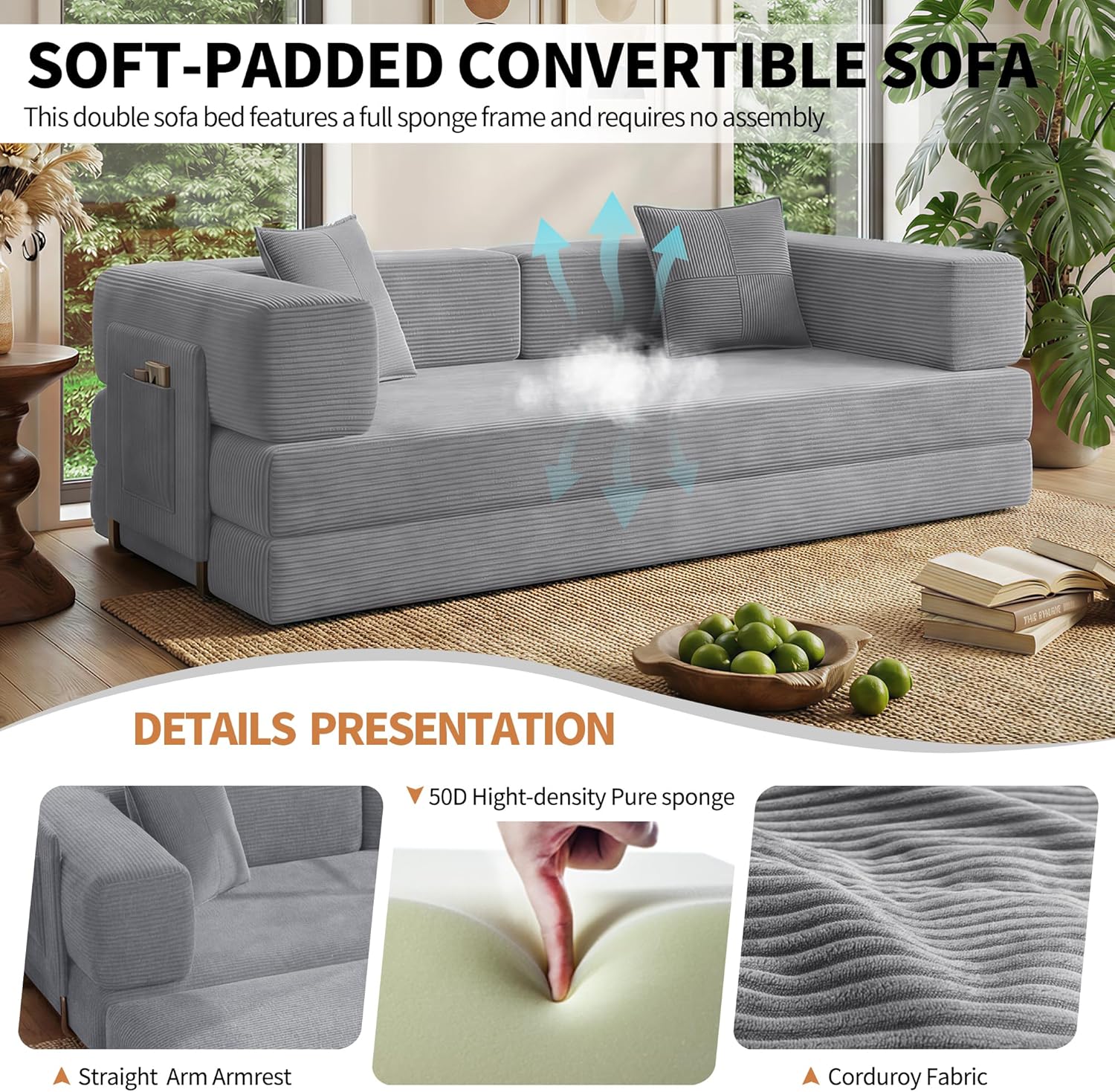 78.8" Convertible Sofa Bed with Armrest Pillow, 4-in-1 Sleeper Couch Bed for Livingroom, Modular Corduroy Boneless couches, No Assembly (Grey)
