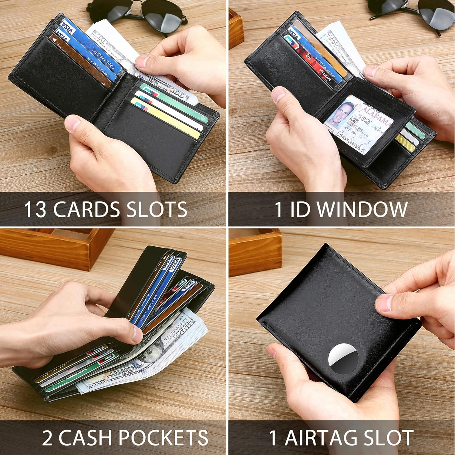 Swallowmall AirTag Wallet Mens RFID Blocking Genuine Leather Bifold Men's Wallet For air tag with 1 ID Window 13 Card Holders Black(Airtag Not included) - Image 3