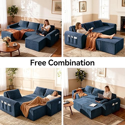 Miniatura 6 de Sofá modular sin hueso de 86.6 pulgadas con otomana, sofá modular en forma de L para sala de estar, sofá de tela de felpilla de asiento ultra Azul