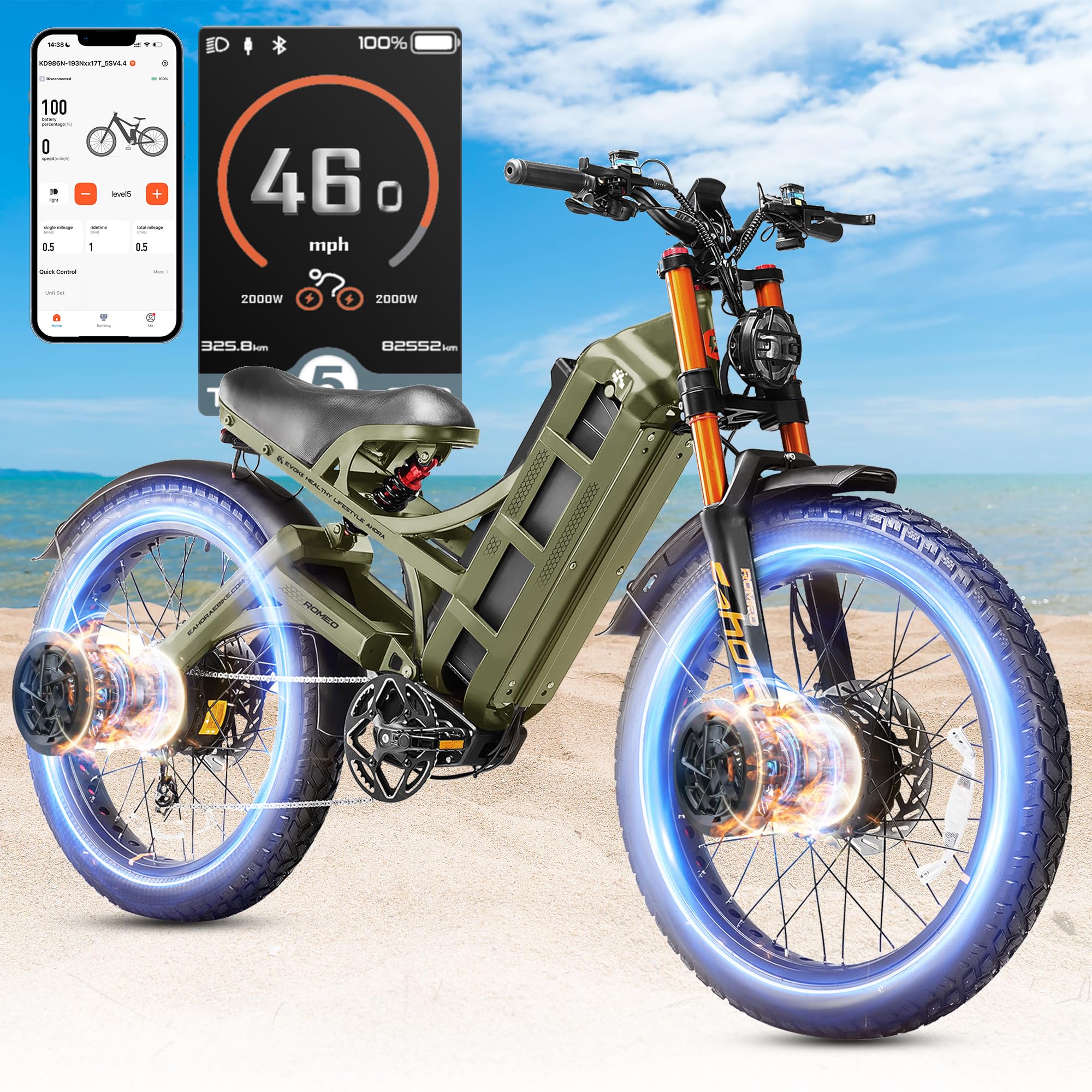 eAhora2025 Romeo Pro 2/Pro 3 46-50Mph Electric Bike for Adults, 4000W/5600W Dual Motor Ebike, 52V 70Ah/60V 80Ah 200+Miles Long Range E Bike, 26 * 4.0" Fat Tire, Full Suspension, All Terrain, UL2849