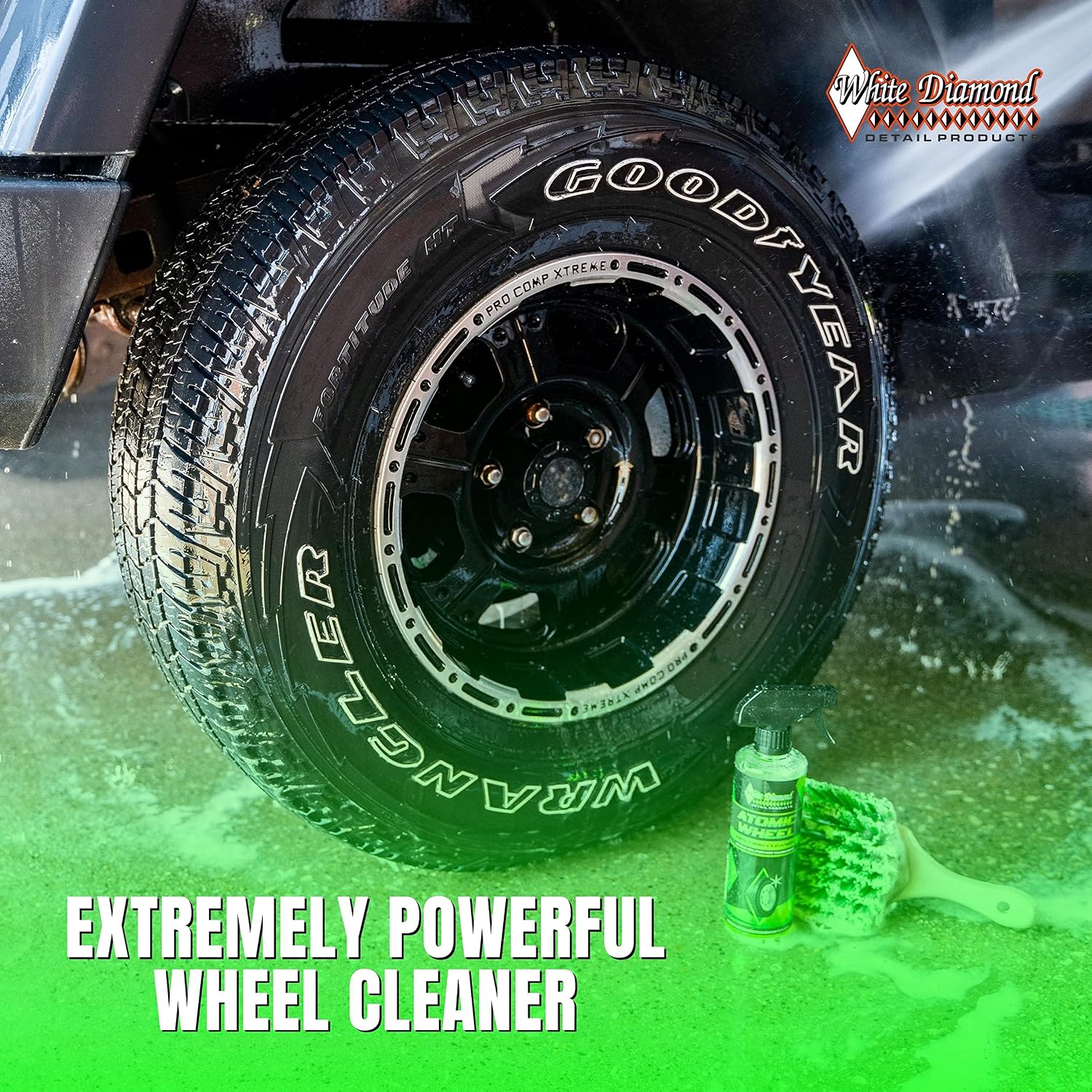 Schultz Laboratories White Diamond Atomic Tire & Rim Cleaner, Degreasing Formula Breaks Down Dirt & Grim from Tires & Rims, Safely Removes Build Up from Tires & Rims,16oz Bottle