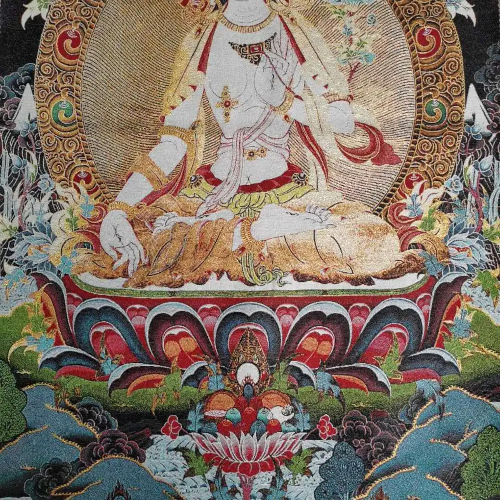 FENNYYAR Tela tibetana tibetana in seta bianca Tara, 90 cm, decorazione murale Guanyin Kwan-yin Tangka Thangka