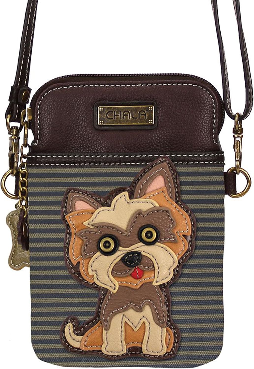 Chala Group Yorkshire Terrier Cellphone Crossbody Handbag - Convertible Strap Yorkie Mom, Brown Stripes, 5" x 7.5" x 1"