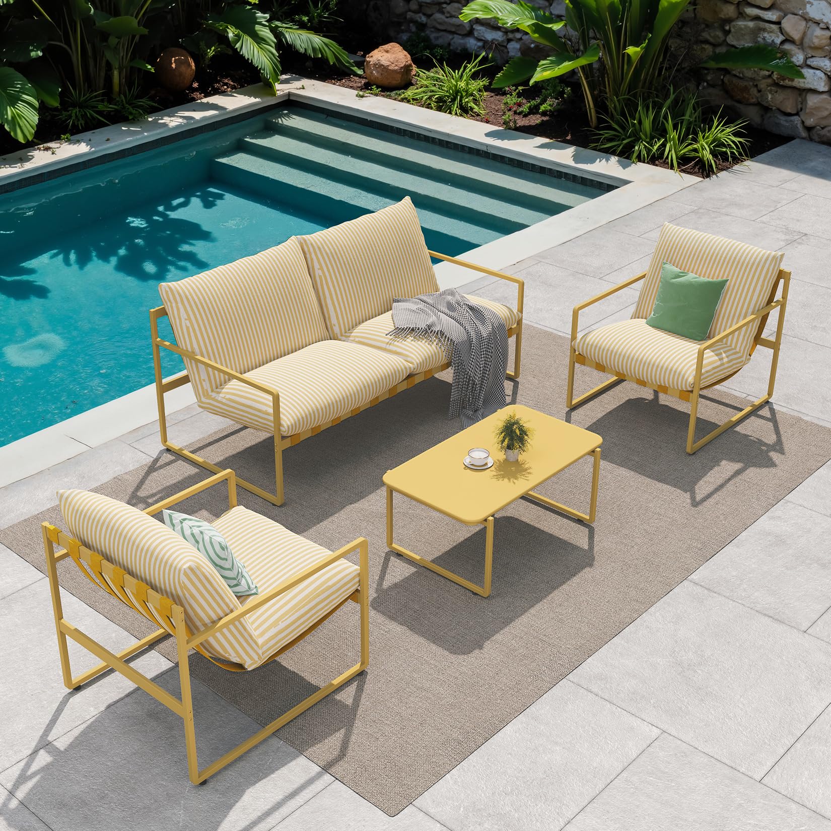 Grand patio Gartenmöbel 4er Set, Balkonmöbel Set 4 Personen mit Kissen, Lounge Möbel Outdoor mit Gartensofa, 2 Sessel, Tisch, Terassenmöbel Sitzgruppe Loungemöbel für Garten, Außen, Drinnen (Gelb)