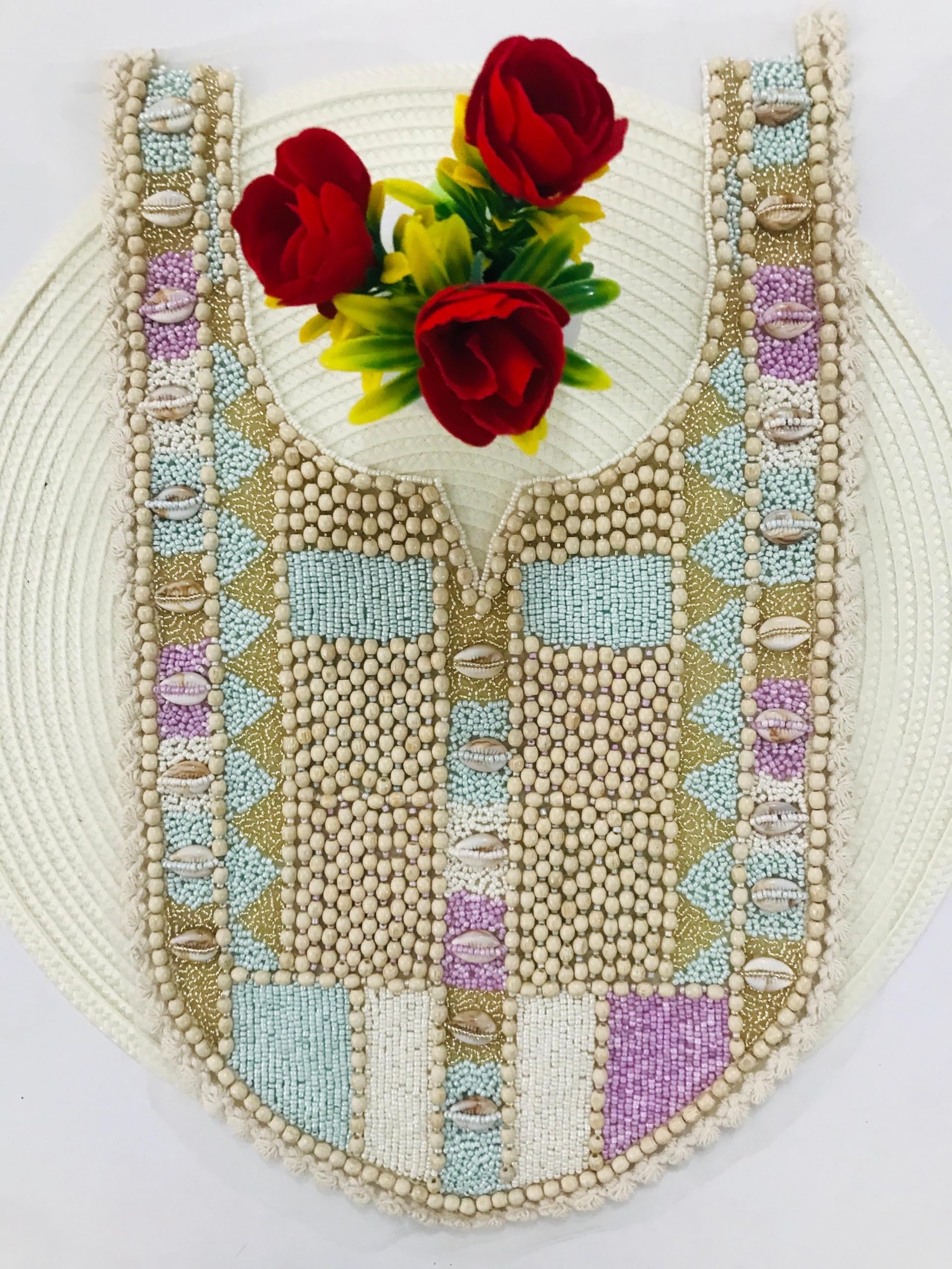 Neckline Patch Applique Colourful Wooden Bead Work Patch For Wedding Dress, kurta, top t-shirt, dress, tunic, Indian Hand Embroidered Colourful Design Applique Sew-On Patch for Festive (style 6) packing 1 pices