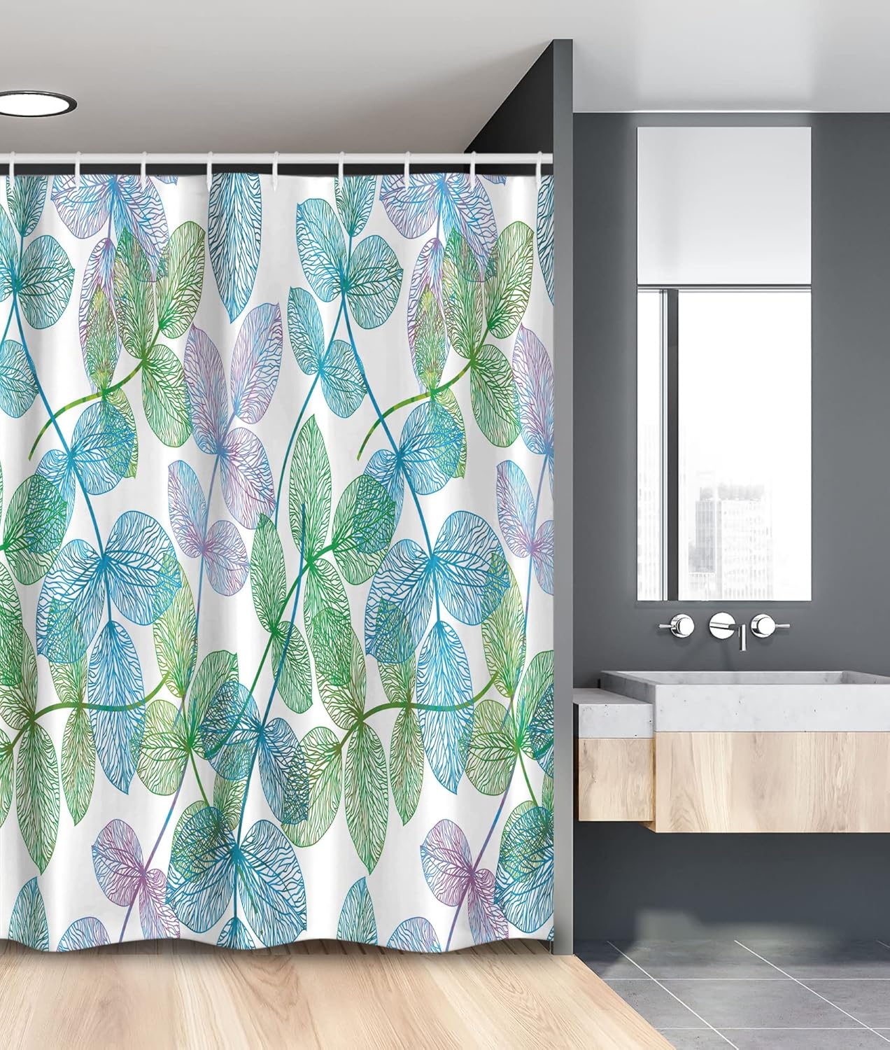 Ambesonne Floral Stall Shower Curtain, Flowers Leaves Ivy Vein Like Rainbow Ombre Colored Art Print, Fabric Bathroom Decor Set with Hooks, 54" W x 78" L, Fern Green Pale Blue