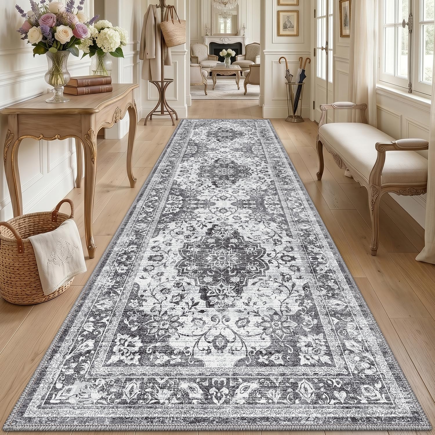 DEXI Hallway Runner Rug 80 x 250 cm, Non-Slip Long Washable Entryway Floor Mats, Absorbent Thin Vintage Carpet Runners for Kitchen, Laundry, Bedside, Grey