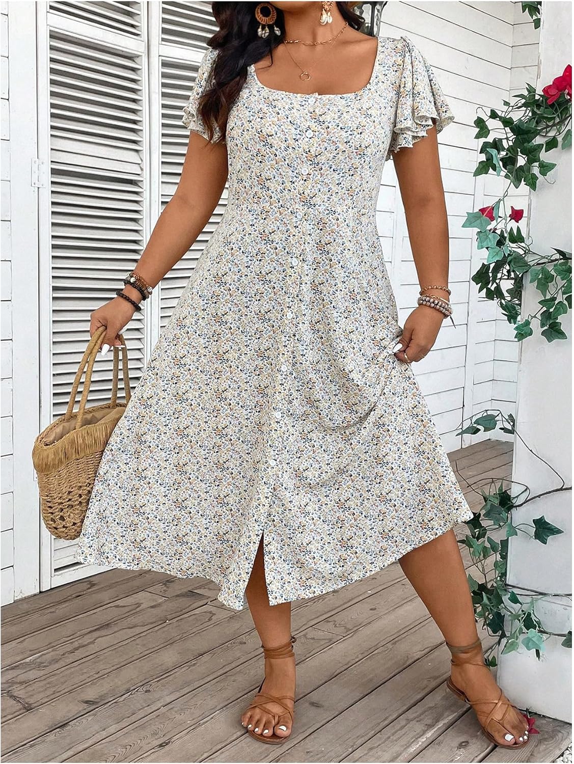 Floerns Women's Plus Size Floral Ruffle Sleeve A Line Dress Square Neck Button Slit Midi Dresses - Image 4