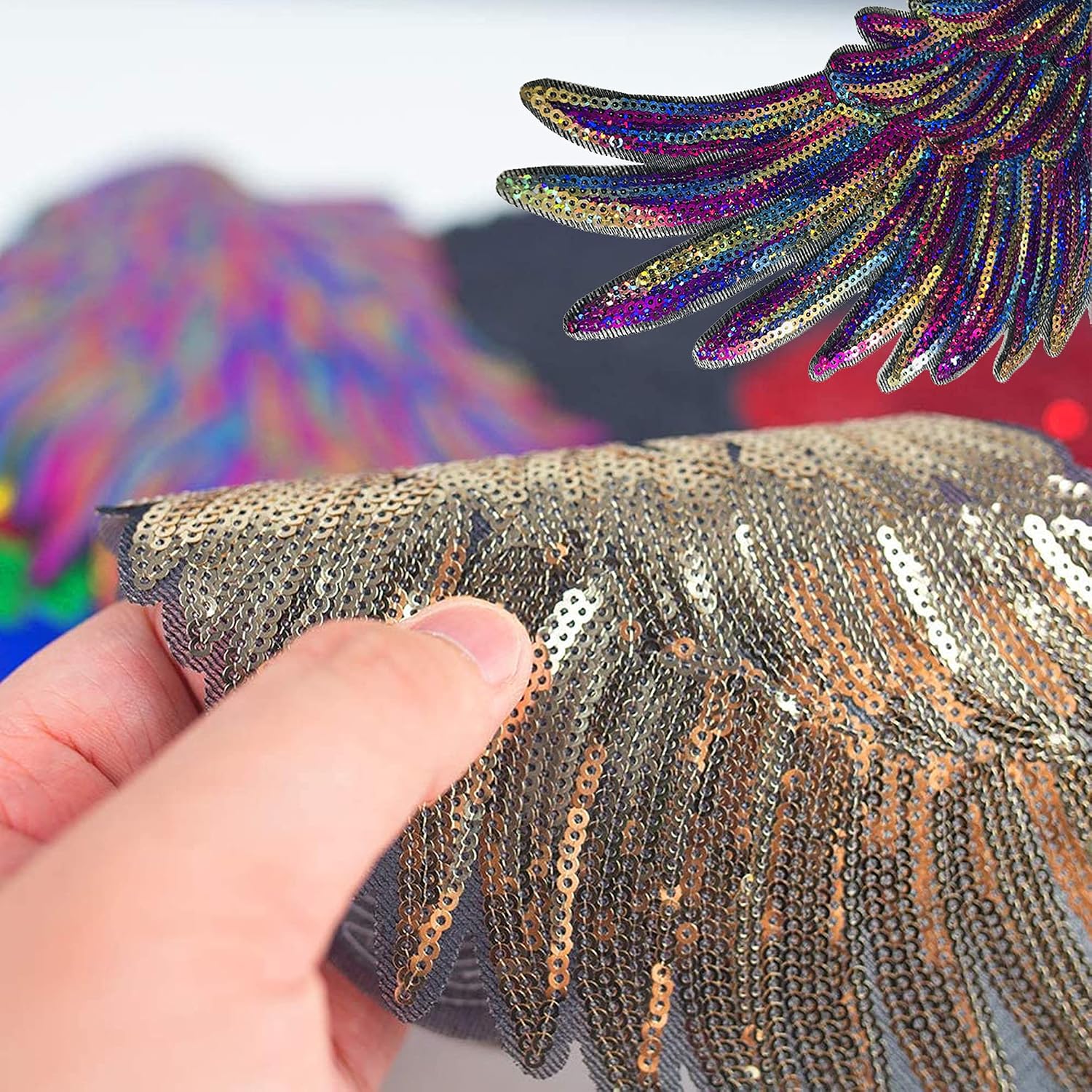 Woohome 10 Pack Sequin Wings Set Iron on Patches, 7 Pair of Wings Sequins Angel Wings and 2 PCS Crown Appliques Stickers Embroidered Bling Wings for Jackets Cloth DIY Decoration Accessory Gifts
