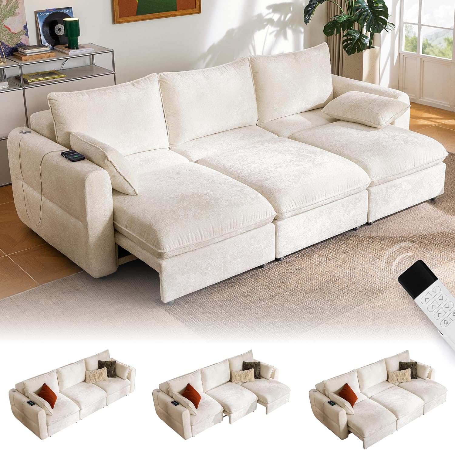 103" Electric Pull Out Sleeper Sofa Bed, 2in1 Convertible Power Extendable Couch Bed with Fast Charging USB&3 Smart Motor&Wide Back, Oversized Couches for Living Room&Small Space, Velvet Beige