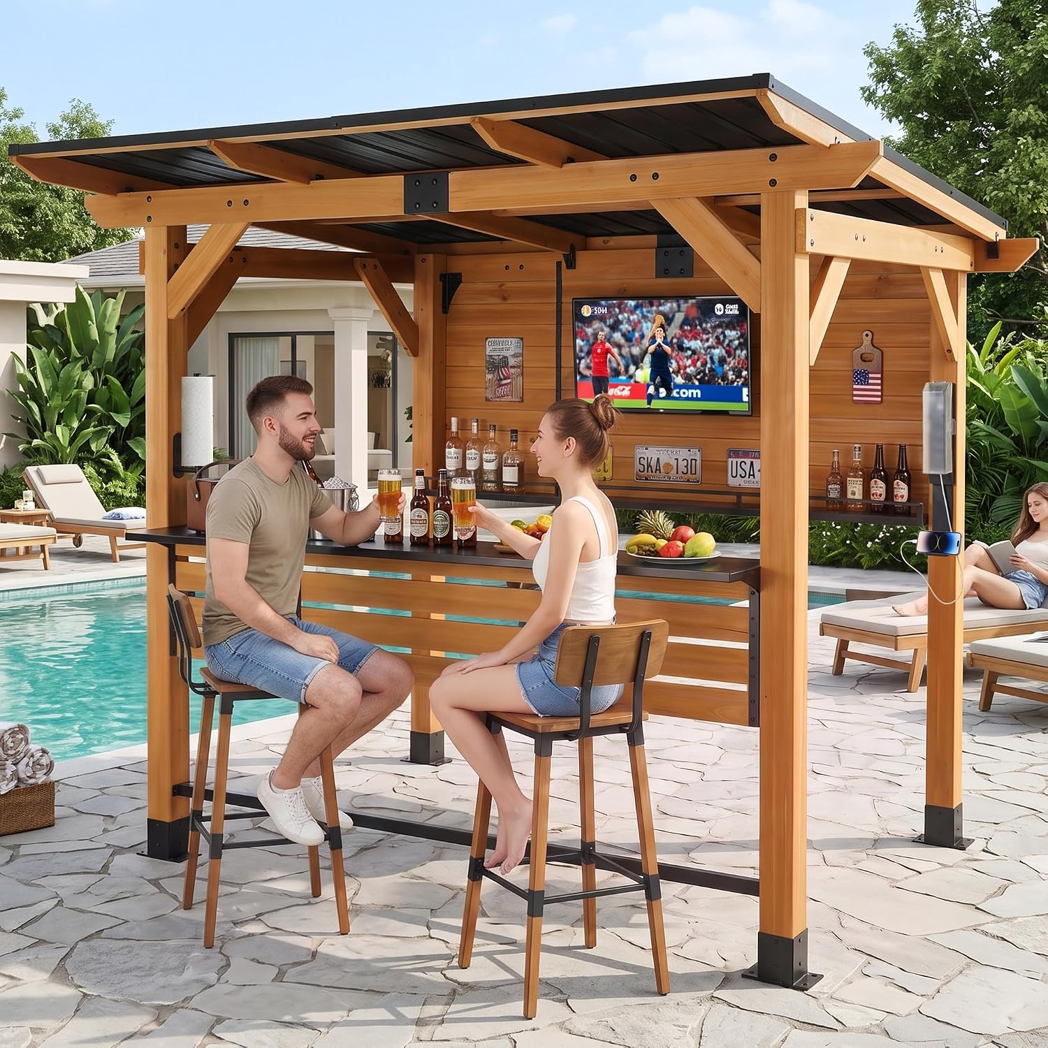 6x8FT Cedar Wood Outdoor Bar Gazebo with Built-in Power Outlet & TV Mount | Sloping Metal Roof Cantina Gazebo Bar with Metal Bar Counter, Footrest & Bottle Opener for Patio Backyard Entertainment