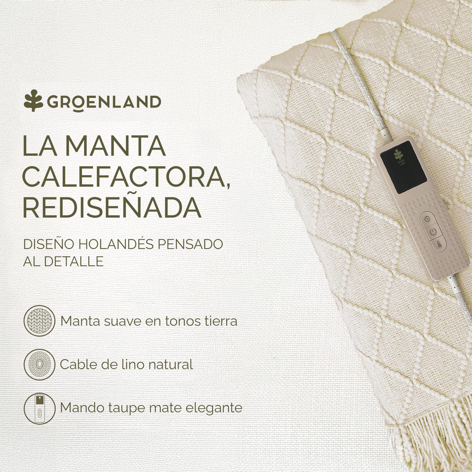 Groenland BOHEM Manta eléctrica 180 x 130 cm – Manta térmica con 9 niveles de calor y función de apagado automático – Cobertor eléctrico grande para cama y sofá – Manta calor eléctrica lavable - blanc