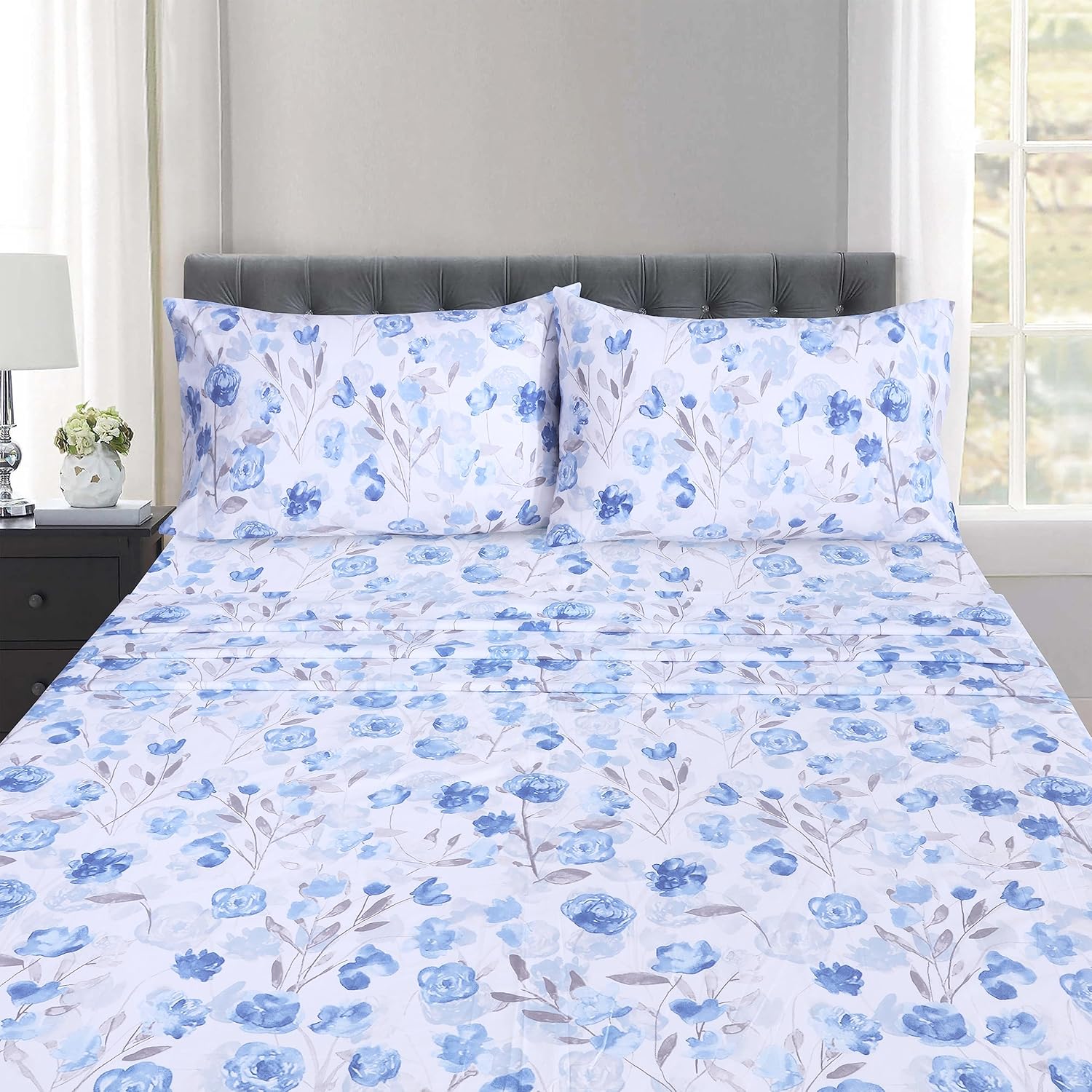 RUVANTI 100% Cotton Sheets – Queen Size Percale Bedding, Cooling & Breathable Floral Design, Durable with a Crisp, Soft & Comfortable Feel, 16" Deep Pocket, 4-Piece Set, Monotones